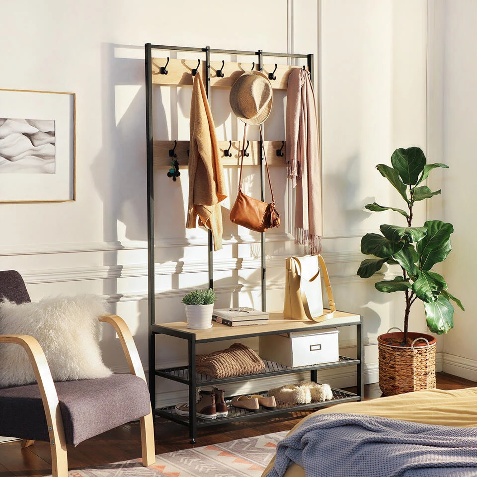 ACAZA Garderoberek Met Bankje, 100cm Breed, Kapstok En Schoenenrek - Lichte Eik - Afbeelding 2