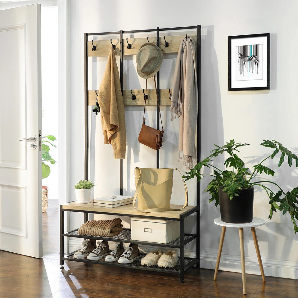 ACAZA Garderoberek Met Bankje, 100cm Breed, Kapstok En Schoenenrek - Lichte Eik - Afbeelding 3