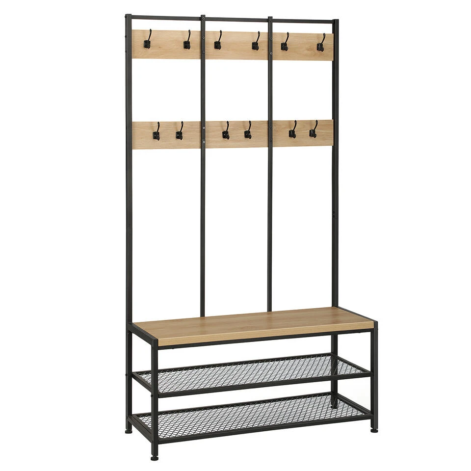 ACAZA Garderoberek Met Bankje, 100cm Breed, Kapstok En Schoenenrek - Lichte Eik - Afbeelding 4