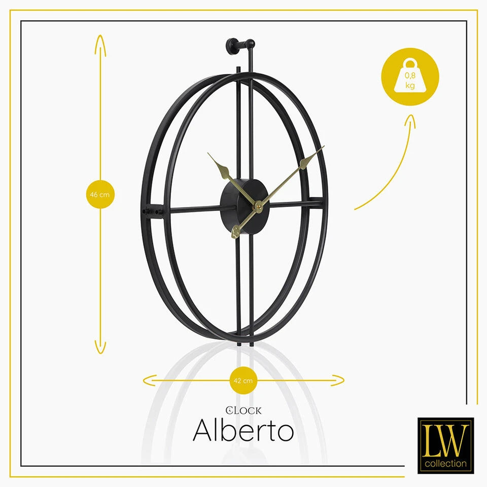 LW Collection Wandklok Alberto Zwart Met Gouden Wijzers 42cm - Afbeelding 3