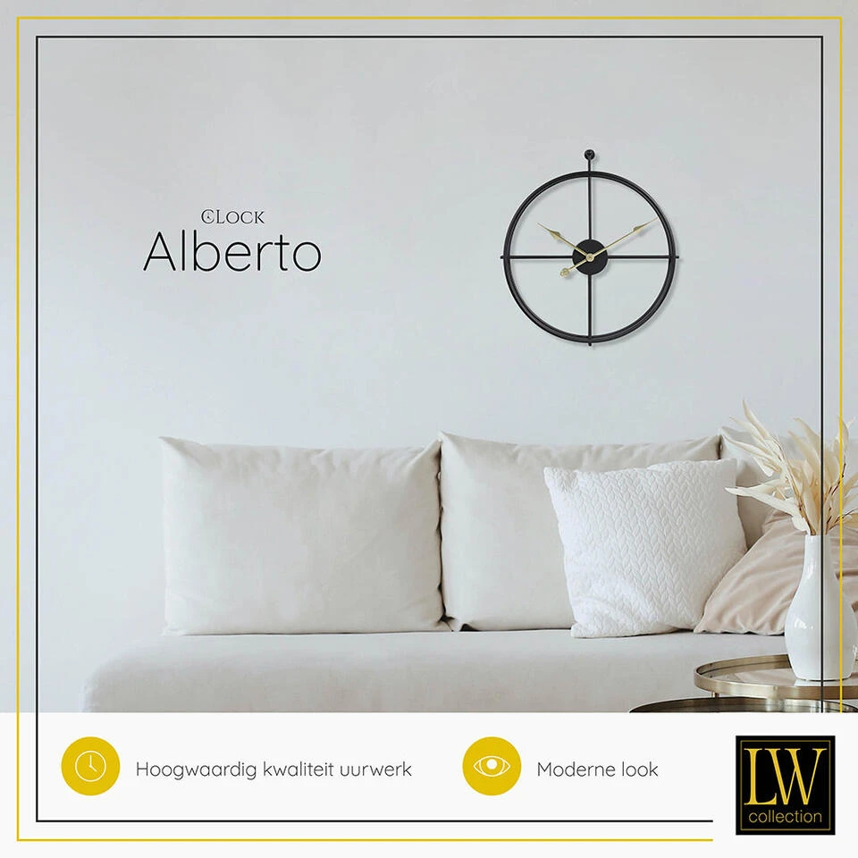 LW Collection Wandklok Alberto Zwart Met Gouden Wijzers 42cm - Afbeelding 4
