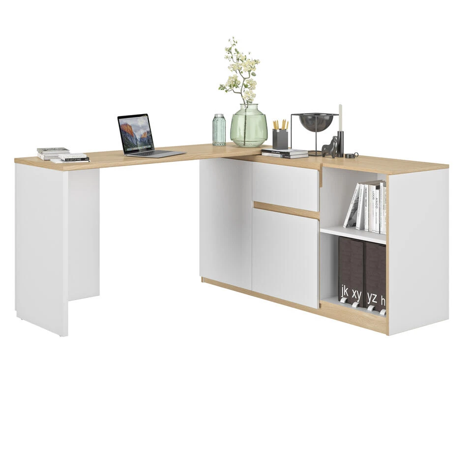 Diagone Draaibaar Bureau Gibril - Kast En Bureau In 1 - Wit/Eikenkleur - Afbeelding 3