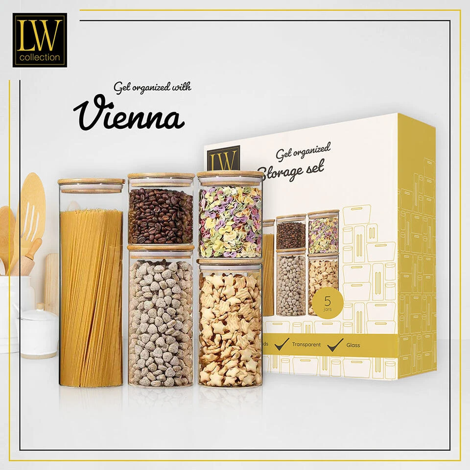 LW Collection Voorraadpotten Glas 5 Stuks Met Bamboe Deskel - Afbeelding 3